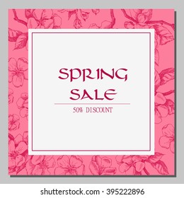 Spring sale. Vector template label with hand-draw spring flowers.