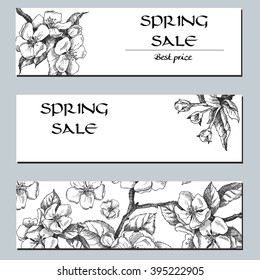 Spring sale. Vector template label with hand-draw spring flowers.