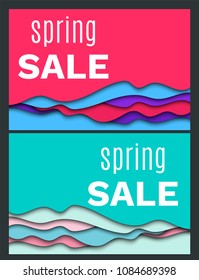 Spring sale vector template on colorful abstract background with paper cutting layers.