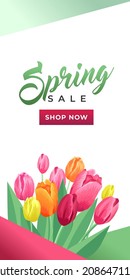 Spring sale vertical banner. Bouquet of red, pink and yellow tulips on a white background. An advertising, selling concept. Promotion offer poster with flowers.