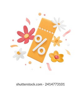 Spring sale voucher with percent sign and 3D plasticine flowers, confetti, tinsel. Discount coupon, clay narcissus and chamomile, isolated yellow lucky tear-off ticket. Vector promo illustration