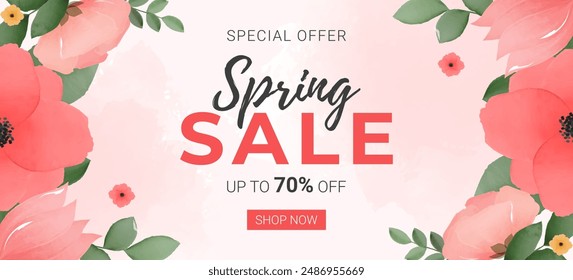  Spring sale with watercolor flowers. Spring banner