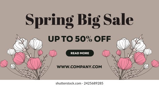  Spring Sale Web Banner Decoration With White, Pink Flowers 