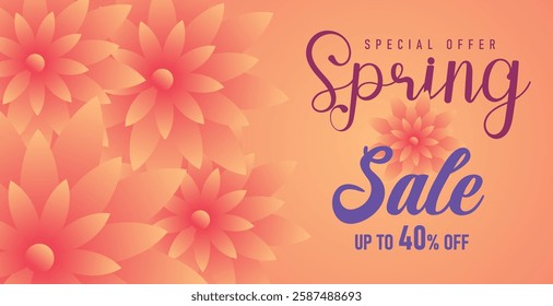 Spring sale web banner greeting card background. Super sale spring season background with colorful flowers. Spring special offer with bloom flowers for the holiday season