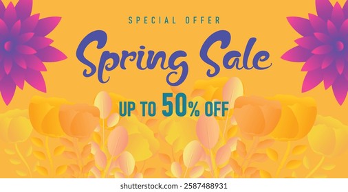 Spring sale web banner greeting card background. Super sale spring season background with colorful flowers. Spring special offer with bloom flowers for the holiday season