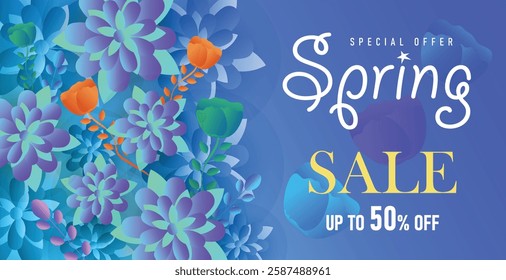 Spring sale web banner greeting card background. Super sale spring season background with colorful flowers. Spring special offer with bloom flowers for the holiday season