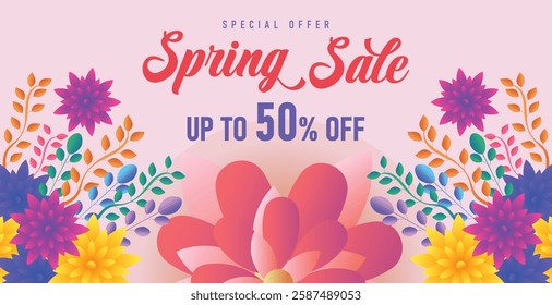Spring sale web banner greeting card background. Super sale spring season background with colorful flowers. Spring special offer with bloom flowers for the holiday season