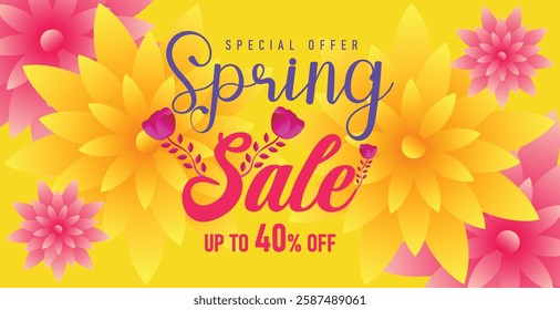 Spring sale web banner greeting card background. Super sale spring season background with colorful flowers. Spring special offer with bloom flowers for the holiday season