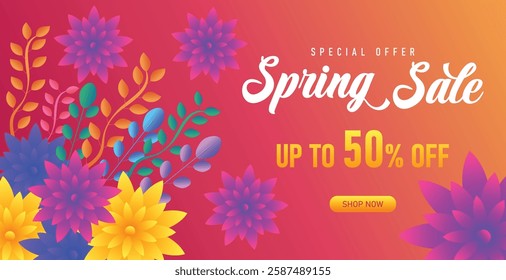 Spring sale web banner greeting card background. Super sale spring season background with colorful flowers. Spring special offer with bloom flowers for the holiday season