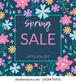 Spring sale web banner with hand drawn floral elements. Springtime floral background.