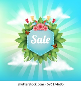 Spring sale web banner template with foliage