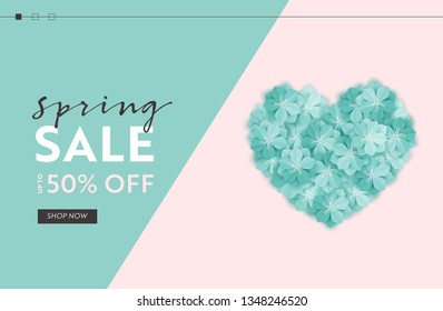Spring Sale Website Template with Paper Cut Flowers. Spring Discount Offer Web Banner for Online Shopping with Floral Elements for Landing Page, Flyer, Brochure. Vector illustration