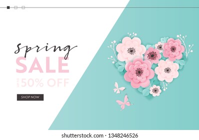 Spring Sale Website Template with Paper Cut Flowers. Spring Discount Offer Web Banner for Online Shopping with Floral Elements for Landing Page, Flyer, Brochure. Vector illustration