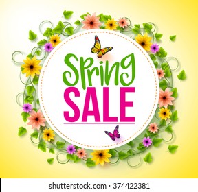 Spring Sale in a White Circle with Wreath of Colorful Flowers, Vines and Leaves with Flying Butterflies for Spring Seasonal Promotion. 3D Realistic Vector Illustration
