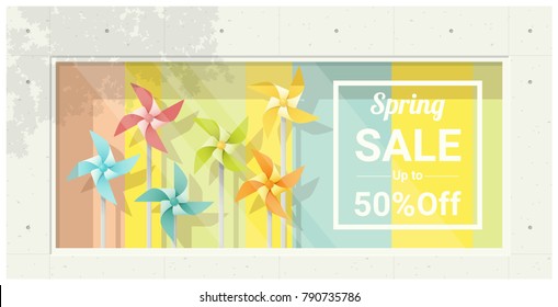 Spring sale window display with colorful pinwheels background , vector , illustration