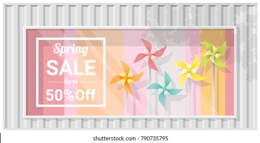 Spring sale window display with colorful pinwheels background , vector , illustration