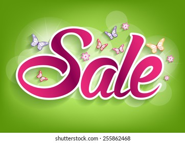 Spring Sale Word with Butterflies and flowers. Vector Illustration