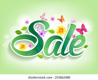 Spring Sale Word with Butterflies and flowers. Vector Illustration