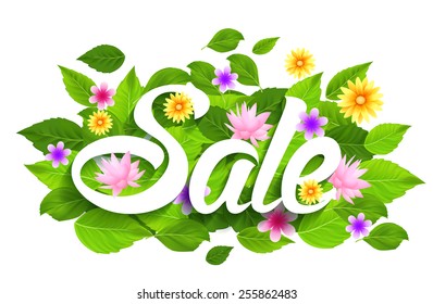 Spring Sale Word with Butterflies, Leaves and flowers. Vector Illustration