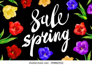 Spring Sale Word Hanging on Leaves with Strings. Vector Illustration art