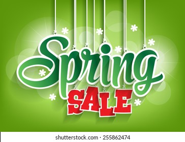 Spring Sale Word Hanging With Strings. Vector Illustration 