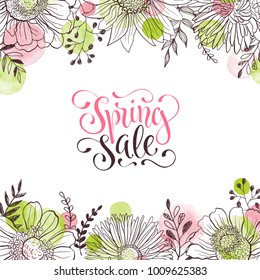 Spring sale. Spring wording with floral elements and watercolor spots on background. Romantic greeting card in pastel colors.