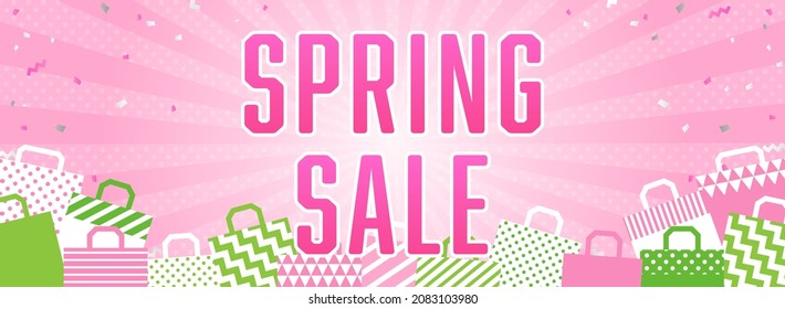 spring sale's banner template with shopping bags, focusing line and confetti