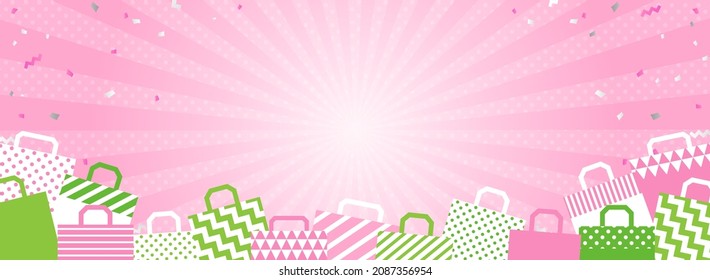 spring sale's banner template with shopping bags, focusing line and confetti
