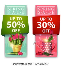 Spring sales banners with rose in the watering can and bouquet of tulips