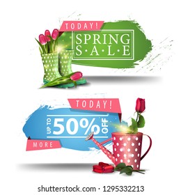 Spring sales banners with rose in the watering can and bouquet of tulips