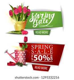 Spring sales banners with rose in the watering can and bouquet of tulips