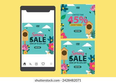 Spring sales cover brochure set. Poster templates with discount promotions and flower decorations, square leaves. great for spring greeting cards or social media posts