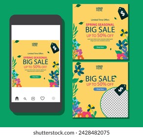 Spring sales cover brochure set. Poster templates with discount promotions and flower decorations, square leaves. great for spring greeting cards or social media posts