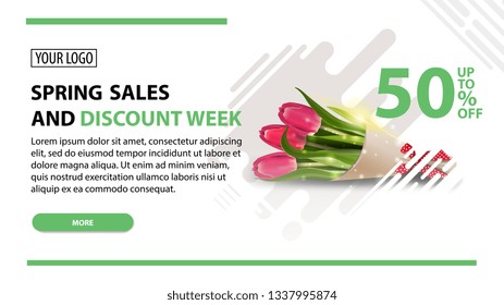 Spring sales and discount week, modern white horizontal discount banner with button and bouquet of tulips