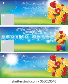 
Spring sales / Spring is here banners / backgrounds for ad, promotion, social media, marketing, poster, flier, blog, article. Contains flowers: tulips and crocuses and bag sales. Easy to customize. 