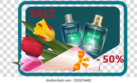 Spring sales, modern banner with a bouquet of tulips on a transparent background in the vector