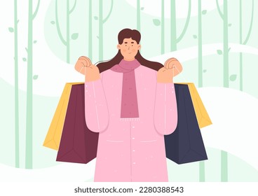 Spring sales in retail stores vector illustration. Cartoon cute happy female customer holding many shopping bags with purchases, carrying stack of gifts from fashion shops among green spring trees
