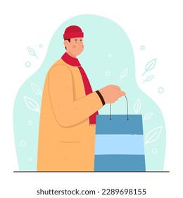 Spring sales in retail stores vector illustration. Cartoon happy man shopping, customer character with bag and stylish gift concept