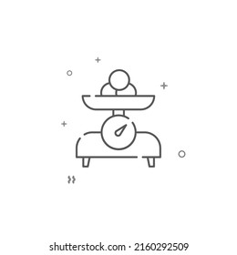Spring scales with vegetables or fruits simple vector line icon. Symbol, pictogram, sign isolated on white background. Editable stroke. Adjust line weight.