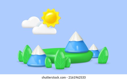 Spring scene with 3D objects. Sun and clouds on the sky, green leaves and color snow capped mountains. Cartoon illustration