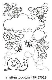 A Spring Scene With Baby Animal Cartoons, Butterflies, Birds, Bee And A Snail, Line Art For Coloring Book Page.