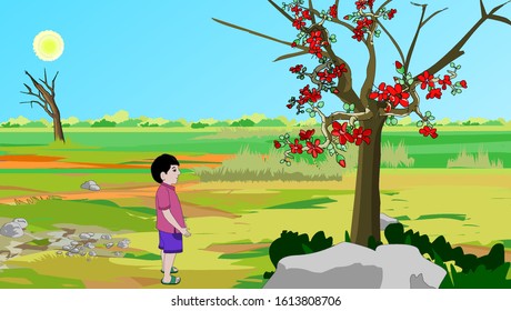 spring scene a boy looks at the flower
