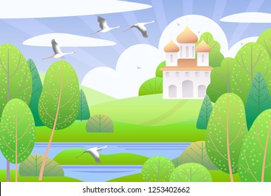Spring scene with church, clouds, green trees and flying storks.  Nature background with colorful landscape. Vector flat naive illustration. 