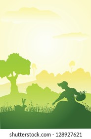 Spring scene with easter bunny. Young girl in vintage dress and straw hat plays with bunny in the grass. Silhouettes art.