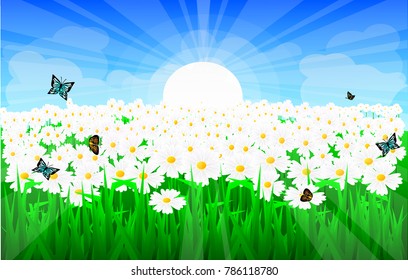 Spring scene with flower plant blooming and sun light ray in the morning, Butterflies is flying above green land, clear sky concept, vector art and illustration.