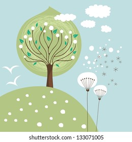 Spring scene illustration with flowers and tree