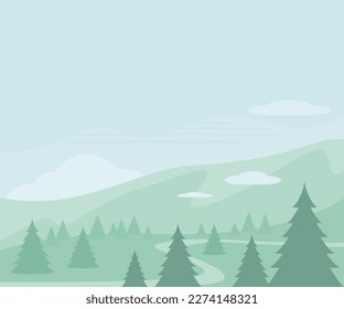 Spring scene illustration. Green landscape with trees and mountains. Flat design.