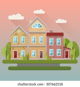 Spring scene illustration. Vector image with houses and trees in twilight.