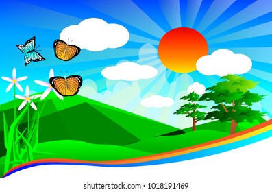 spring scene landscape vector art, with green mountain and sun ray and blue sky background, vector art and illustration.