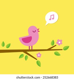 spring scene in minimalistic style with cute bird sitting on branch and singing